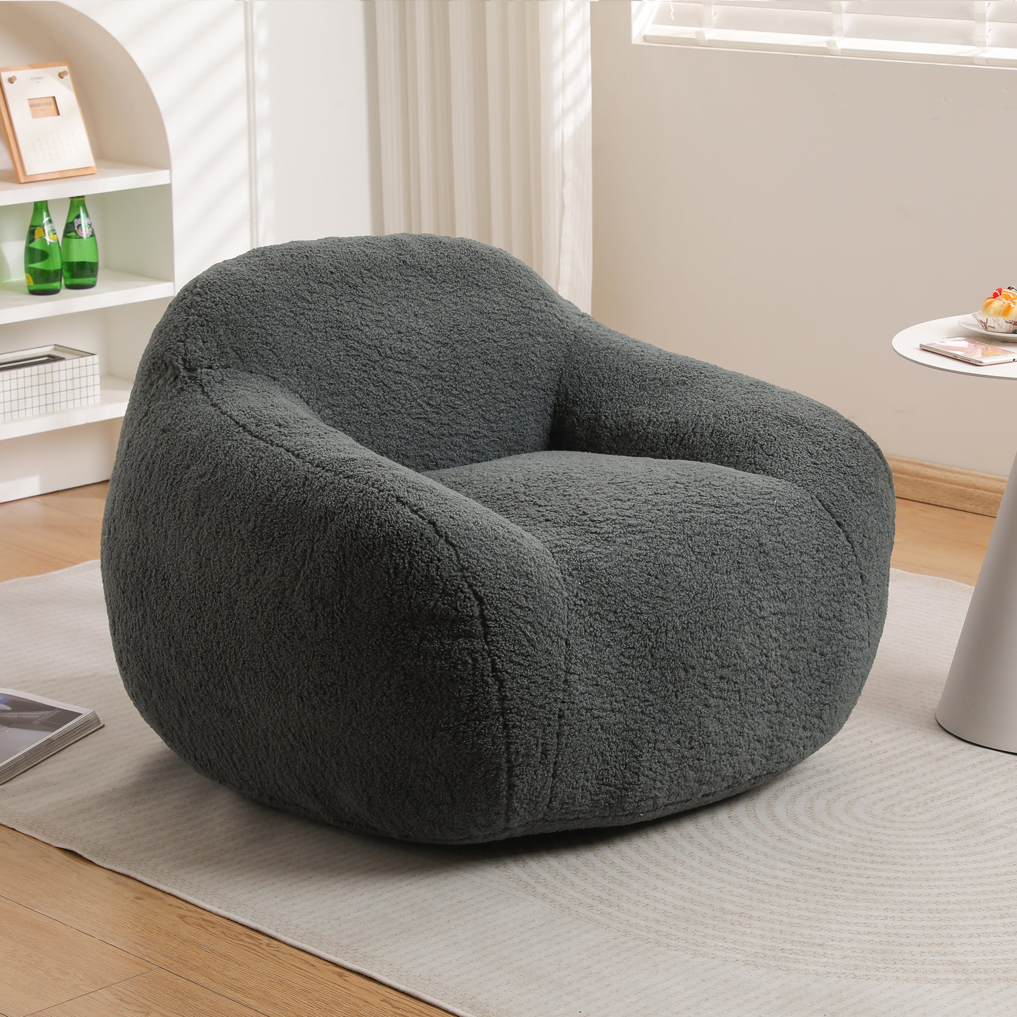 Bean Bag Chair, Comfy Bean Bag Sofa for Adults, Stuffed Floor Sofa with Supportive Backrest & Armrests, Modern Faux Fur Accent Chair for Living Room & Bedroom, Dark Gray