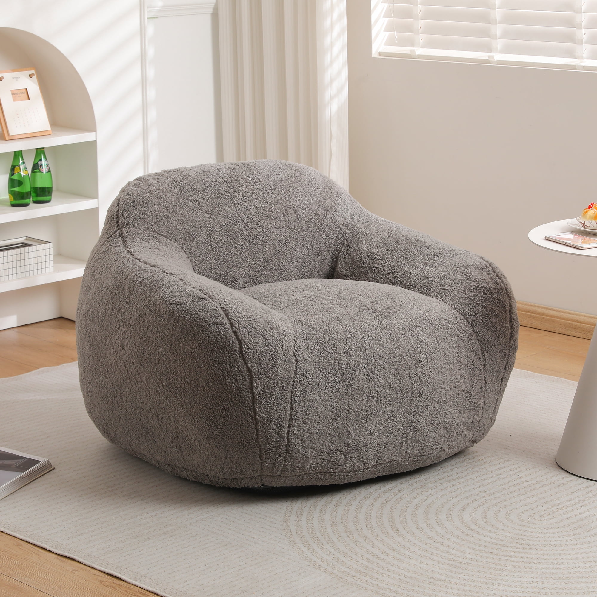Bean Bag Chair, Comfy Bean Bag Sofa for Adults, Stuffed Floor Sofa with Supportive Backrest & Armrests, Modern Faux Fur Accent Chair for Living Room & Bedroom, Light Gray