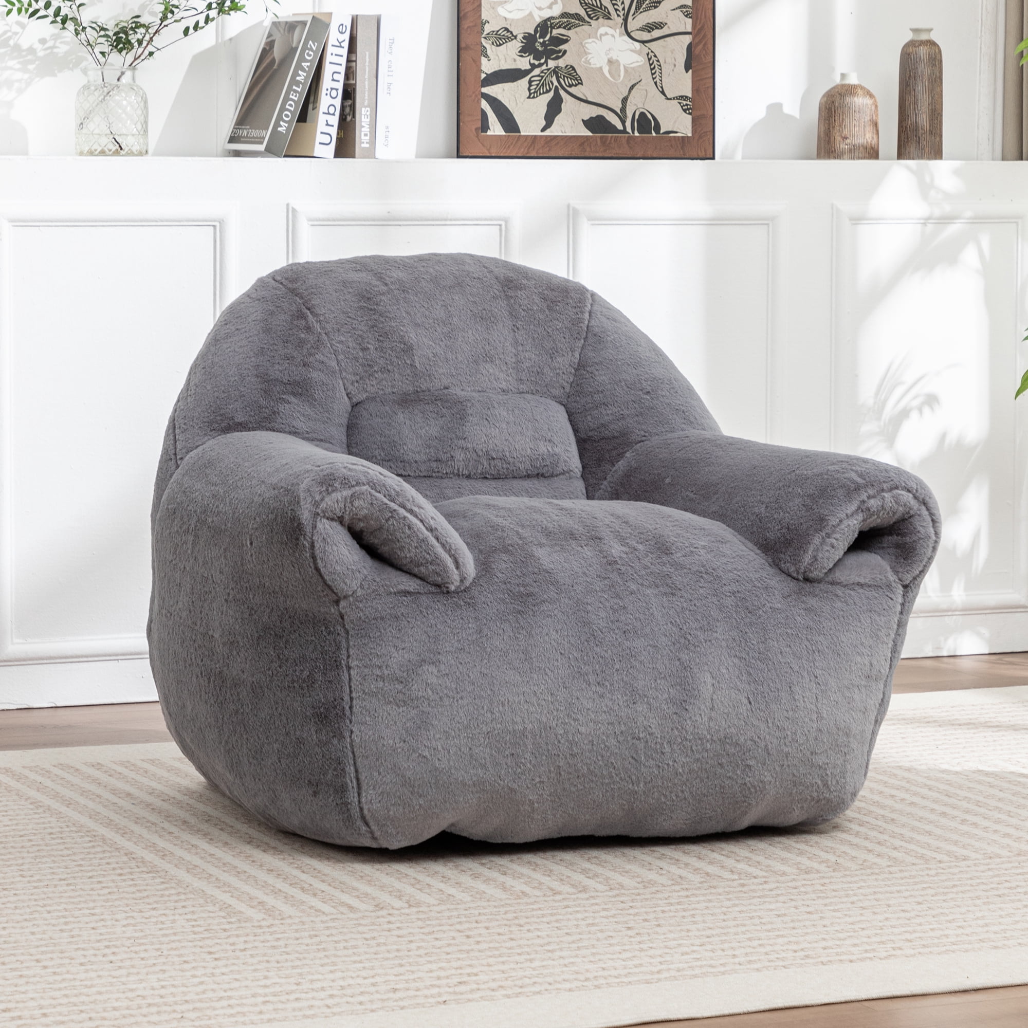 Bean Bag Chair, Comfy Bean Bag Sofa with Back Support, Faux Fur Bean Bag Chair for Adults and Kids, Stuffed Floor Sofa for Living Room, Bedroom, Dark Gray