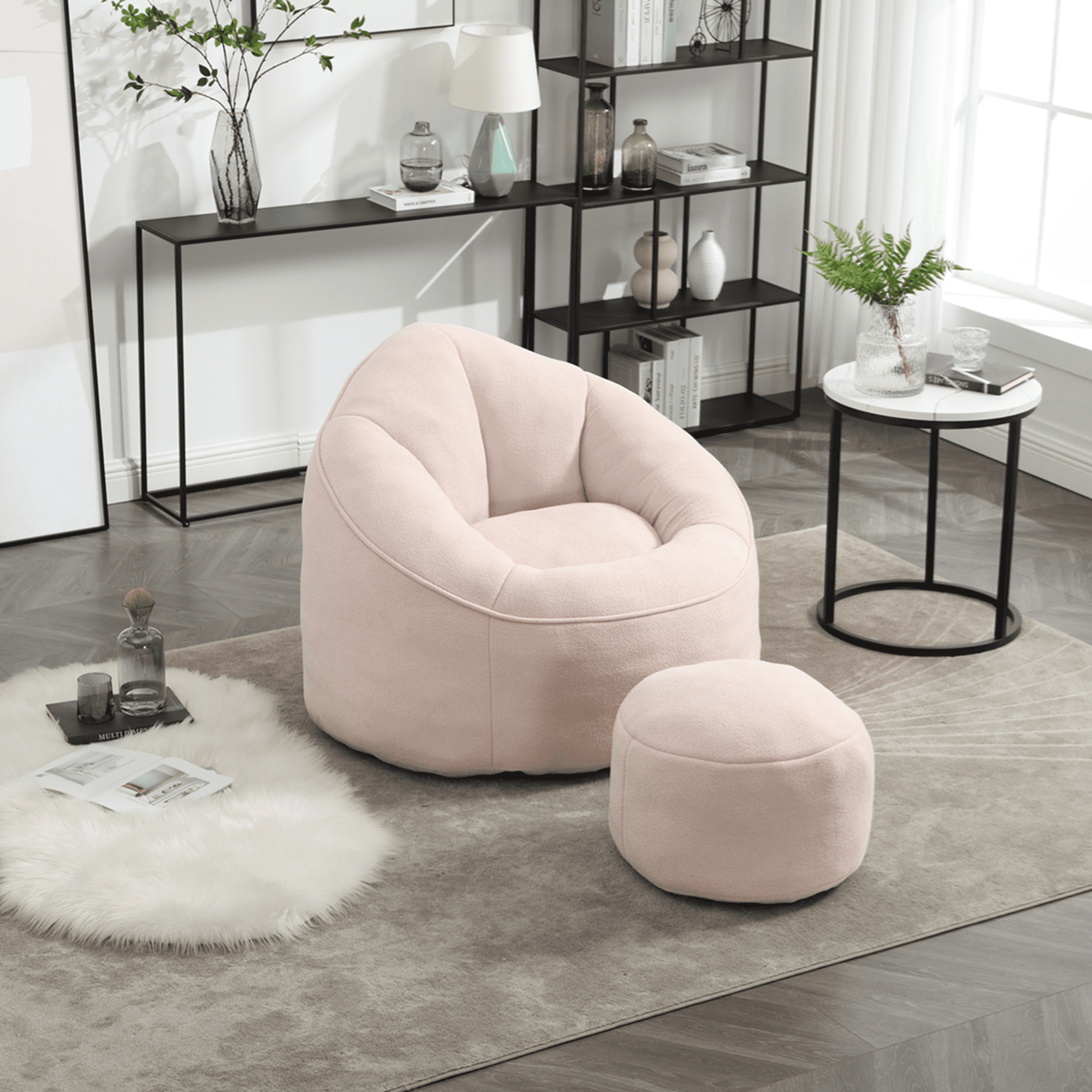 Bean Bag Chair, Comfy Bean Bag Sofa with Back Support and Footrest, Bean Bag Chair for Adults and Kids, Stuffed Floor Sofa for Living Room, Bedroom, Apartment, Pink