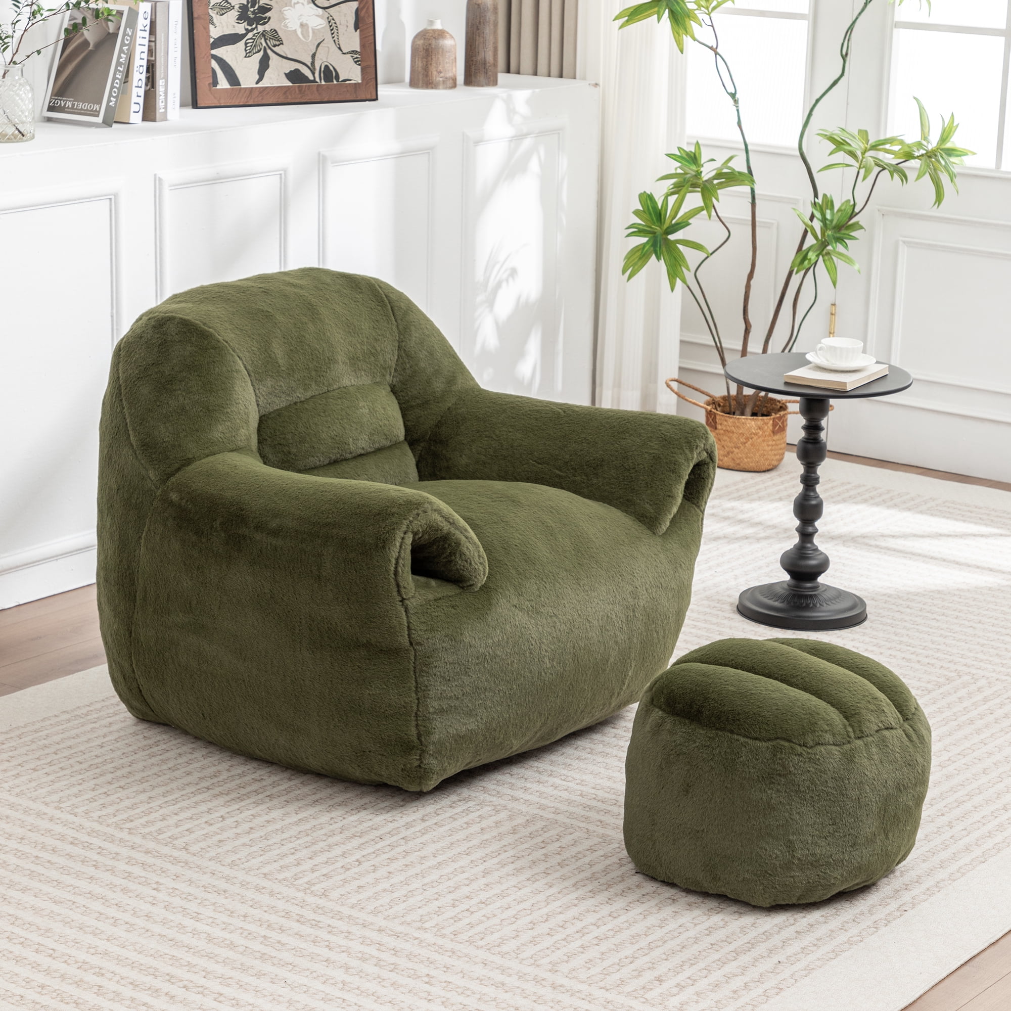 Bean Bag Chair, Comfy Bean Bag Sofa with Back Support, With Footstool,Faux Fur Bean Bag Chair for Adults and Kids, Stuffed Floor Sofa for Living Room, Bedroom,Green