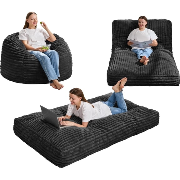 Bean Bag Chair Convertible Beanbag Chairs for Adults, 3 in 1 Bean Bags with Stripe Cover, Adult Bean Bag Chair for Living Room, Bedroom (Black, )
