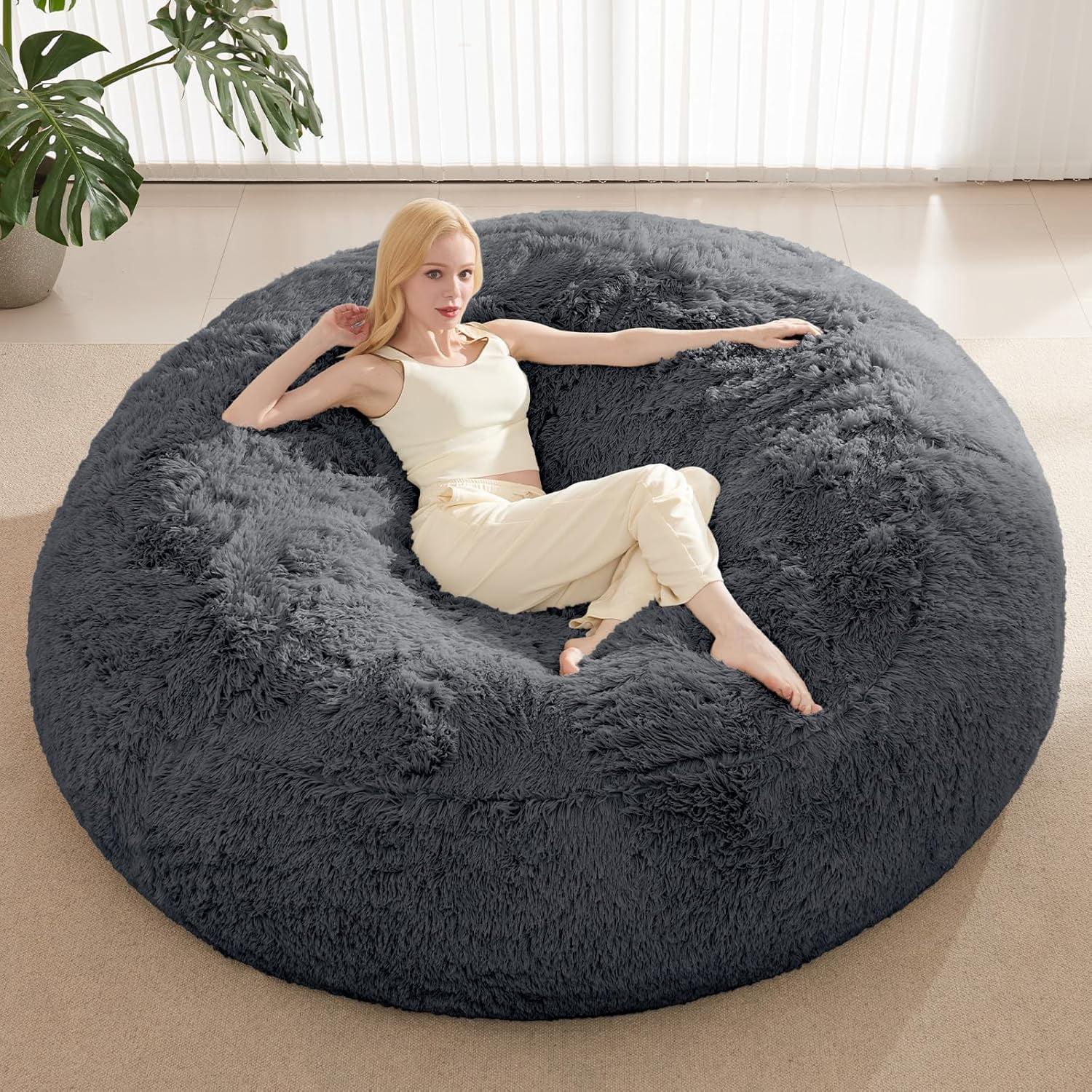 Bean Bag Chair Cover(No Filler) Soft Faux Fur Stuffed Animal Bean Bag Storage, Fluffy Plush Bean Bag Chair Cover Washable, Comfy Bean Bag Chairs for Adults, 6FT, Dark Grey