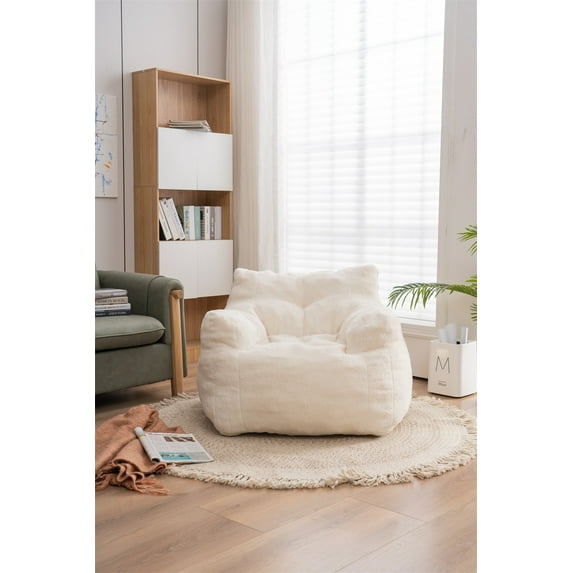 Bean Bag Chair, Faux Fur Bean Bag Sofa with Foam Filling, Ultra Soft Fluffy Lazy Sofa Couch Modern Tufted Upholstered Lounger Chair for Bedroom Living Room Lounge, Ivory
