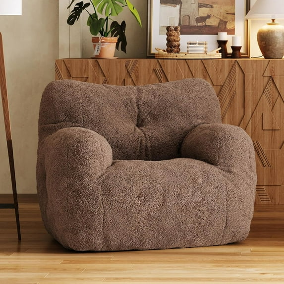 Bean Bag Chair, Filled Beanbag Chairs, Stuffed Bean Bag Chair, Comfy Chairs with Filling for Living Room (Teddy Fabric in Coffee, 1 PC, 39.37" D×37" W×27.56" H)