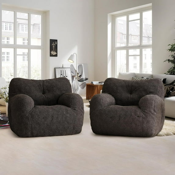 Bean Bag Chair, Filled Beanbag Chairs, Stuffed Bean Bag Chair, Comfy Chairs with Filling for Living Room (Teddy Fabric in Dark Gray, Set of 2, 39.37" D×37" W×27.56" H)