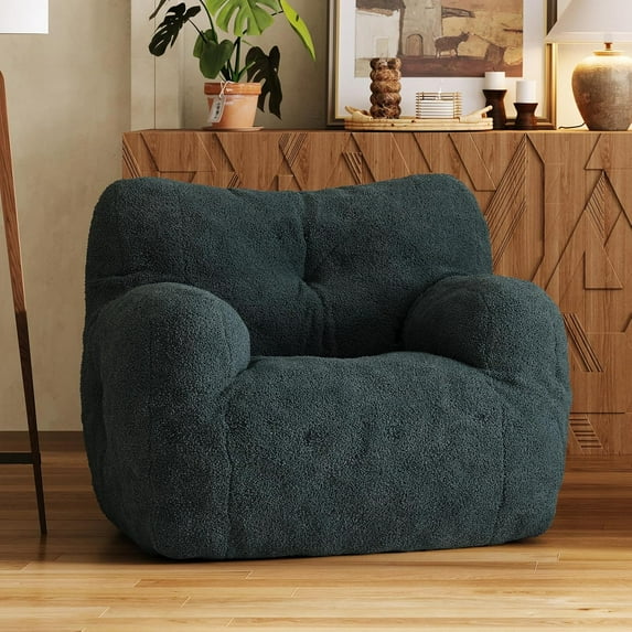 Bean Bag Chair, Filled Beanbag Chairs, Stuffed Bean Bag Chair, Comfy Chairs with Filling for Living Room (Teddy Fabric in Green, 1 PC, 39.37" D×37" W×27.56" H)