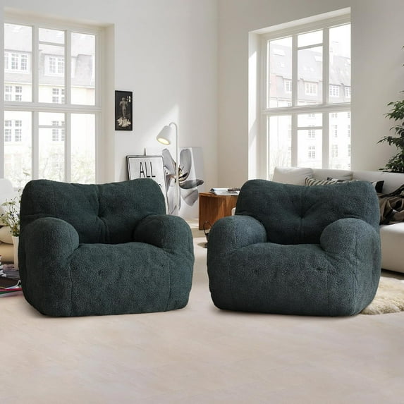 Bean Bag Chair, Filled Beanbag Chairs, Stuffed Bean Bag Chair, Comfy Chairs with Filling for Living Room (Teddy Fabric in Green, Set of 2, 39.37" D×37" W×27.56" H)