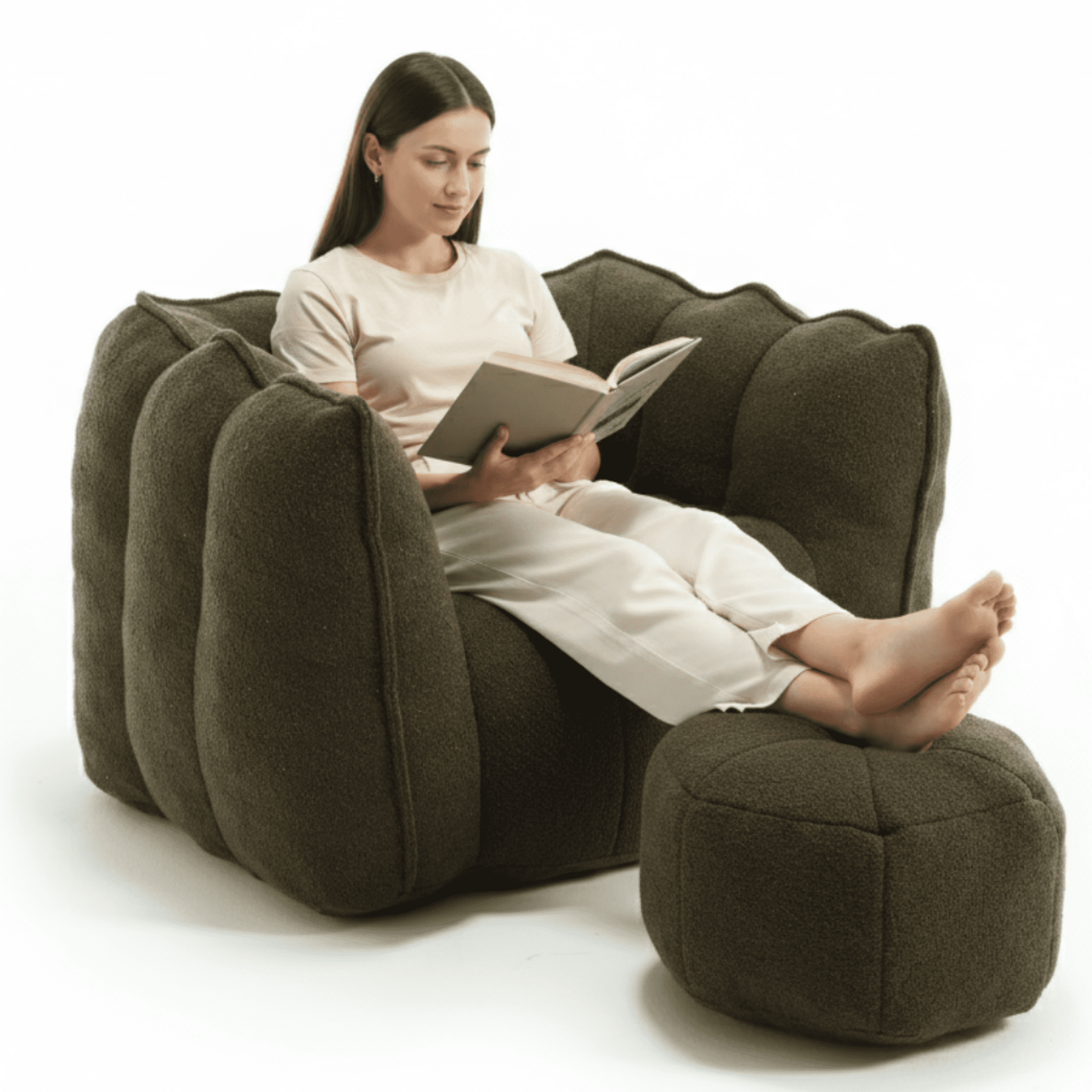 Bean Bag Chair with Footstool, Soft Lightweight Filled Bean Bag Sofa Chair with High Resilient Foam, Chenille Adult Bean Bag Chair with Armrests for Adults to Game, Read, Watch TV, Olive Green