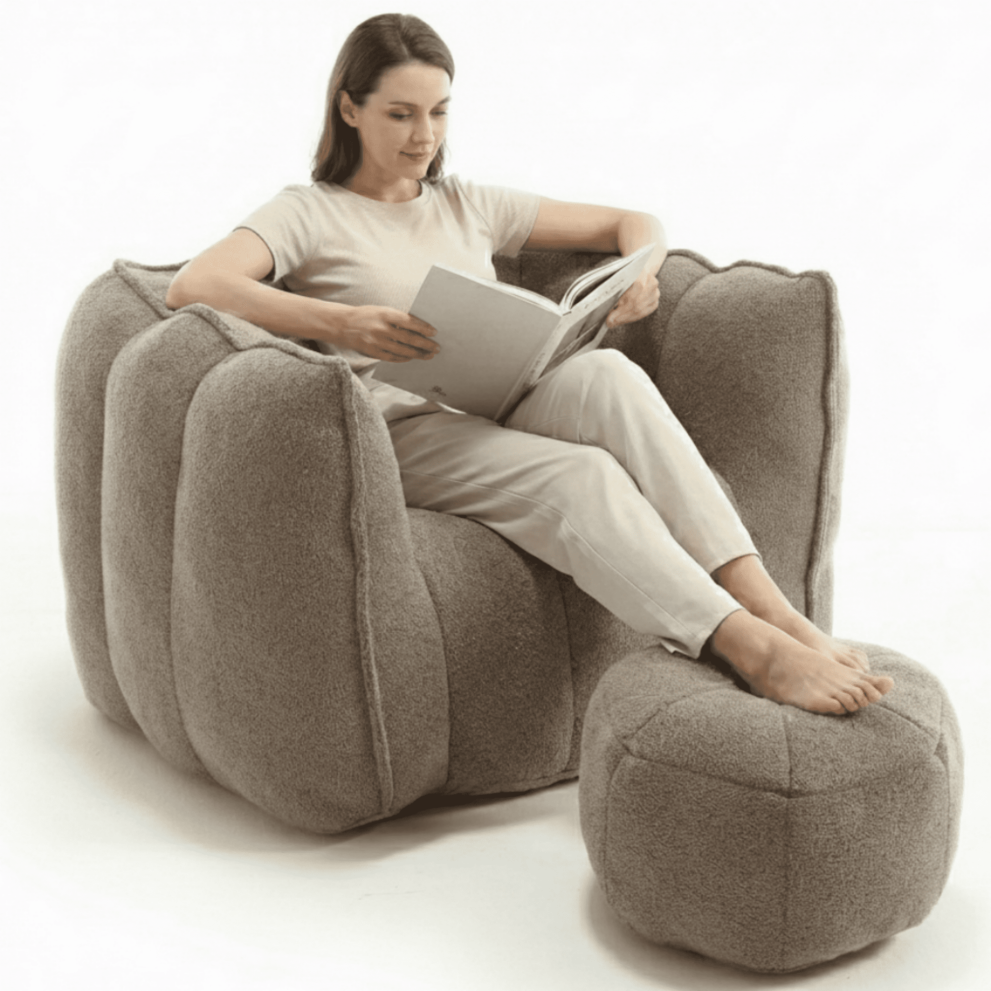 Bean Bag Chair with Footstool, Soft Lightweight Filled Bean Bag Sofa Chair with High Resilient Foam, Chenille Adult Bean Bag Chair with Armrests for Adults to Game, Read, Watch TV, Coffee