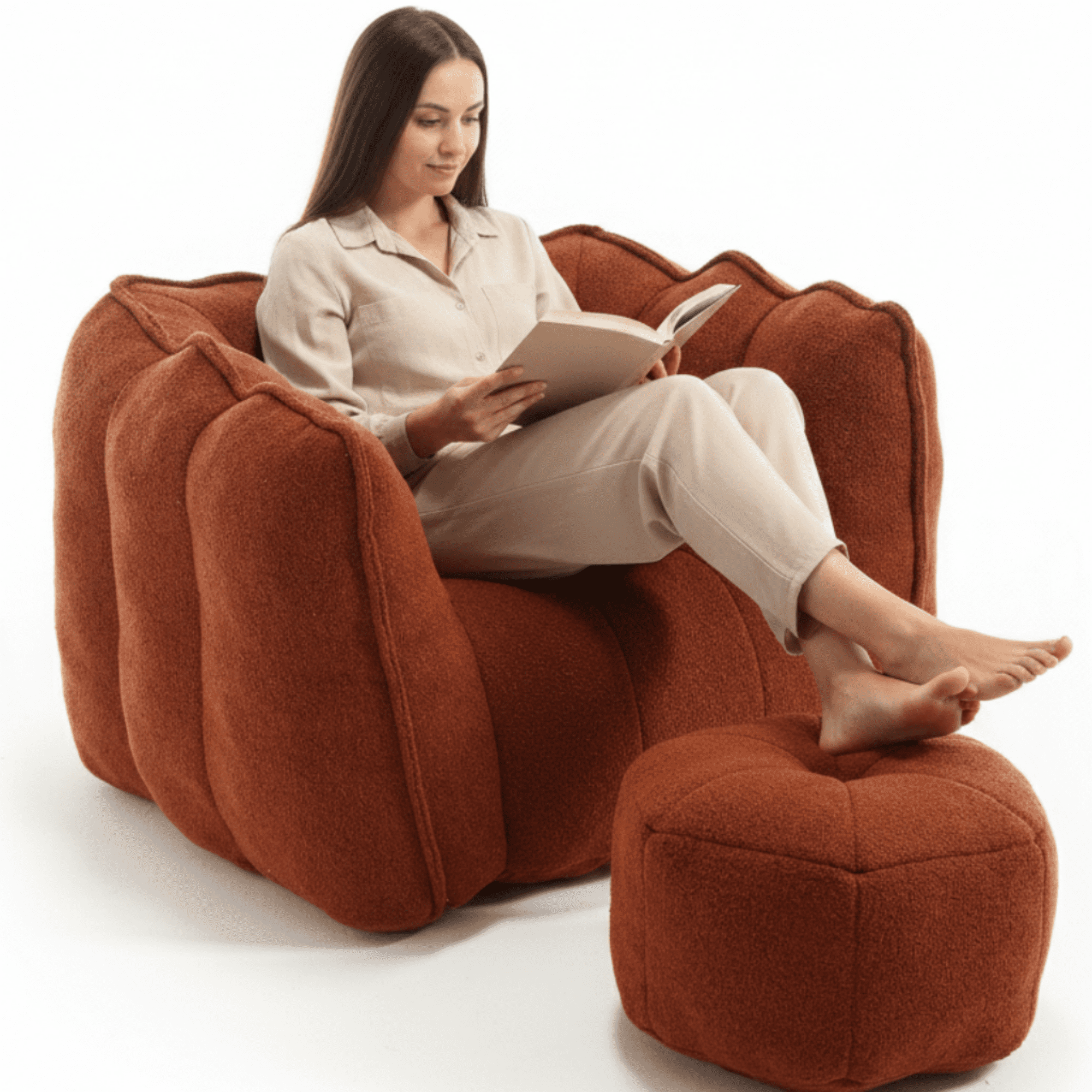 Bean Bag Chair with Footstool, Soft Lightweight Filled Bean Bag Sofa Chair with High Resilient Foam, Chenille Adult Bean Bag Chair with Armrests for Adults to Game, Read, Watch TV, Red Brown