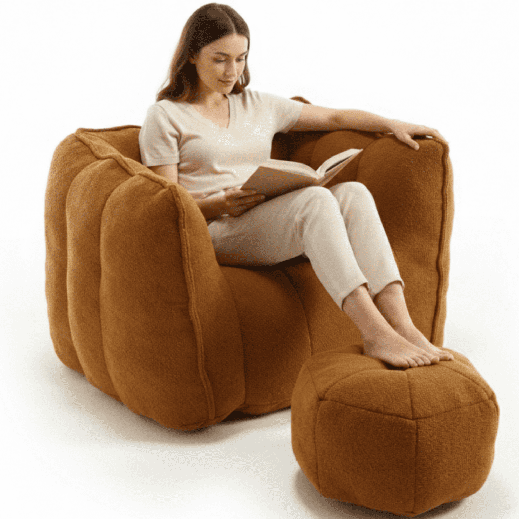 Bean Bag Chair with Footstool, Soft Lightweight Filled Bean Bag Sofa Chair with High Resilient Foam, Chenille Adult Bean Bag Chair with Armrests for Adults to Game, Read, Watch TV, Khaki