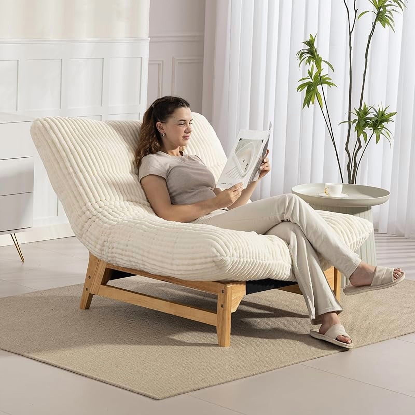 Bean Bag Chair with Frame for Adults, Comfy Corduroy Upholstered Accent Reading Chair, Oversized Sleeper Beanbag Lounge Sofa for Living Room Bedroom, Beige