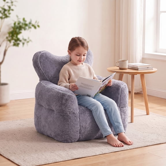 Venuezy Bean Bag Chair for Kids, Comfy Teddy Fleece Beanbag Chair with Heart-Shaped Backrest, Cute Color Block Lazy Sofa for Girls and Boys, Reading Chair for Bedroom, Living Room, Gray 1