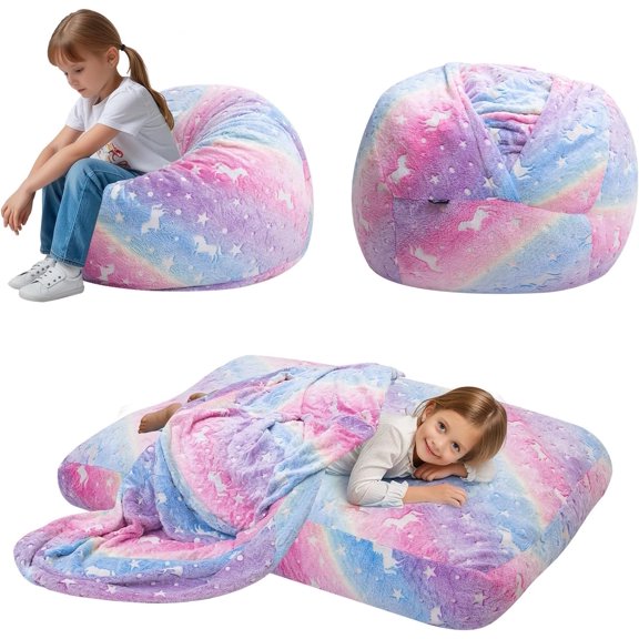 Bean Bag Chair for Kids, Toddler Beanbag Bed Unicorn, Convertible Children Bean Chair to Floor Mattress with Filler, Stuffed Child Bean Bags for Girl Boy Sleeping, Colorful Rainbow