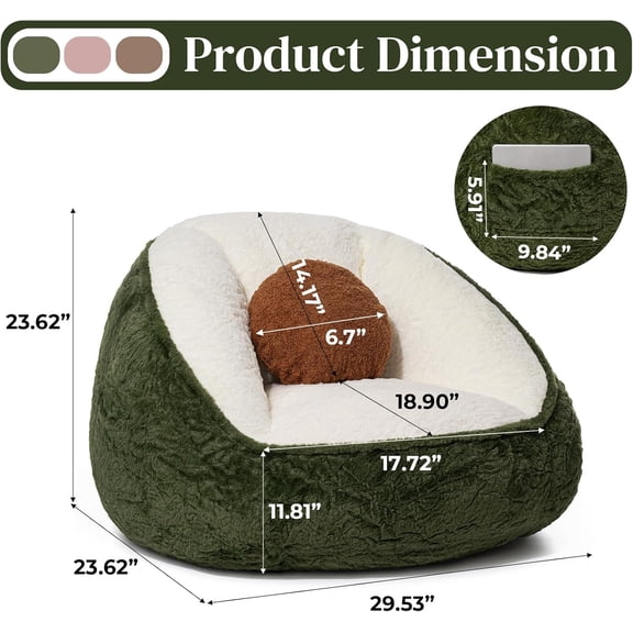 Bean Bag Chair Medium Size for Adults Teen Kids Comfy Faux Fur Bean Bag Couch with Back Support Stuffed Lazy Floor Sofa for Living Room Bedroom Dorm Avocado Green