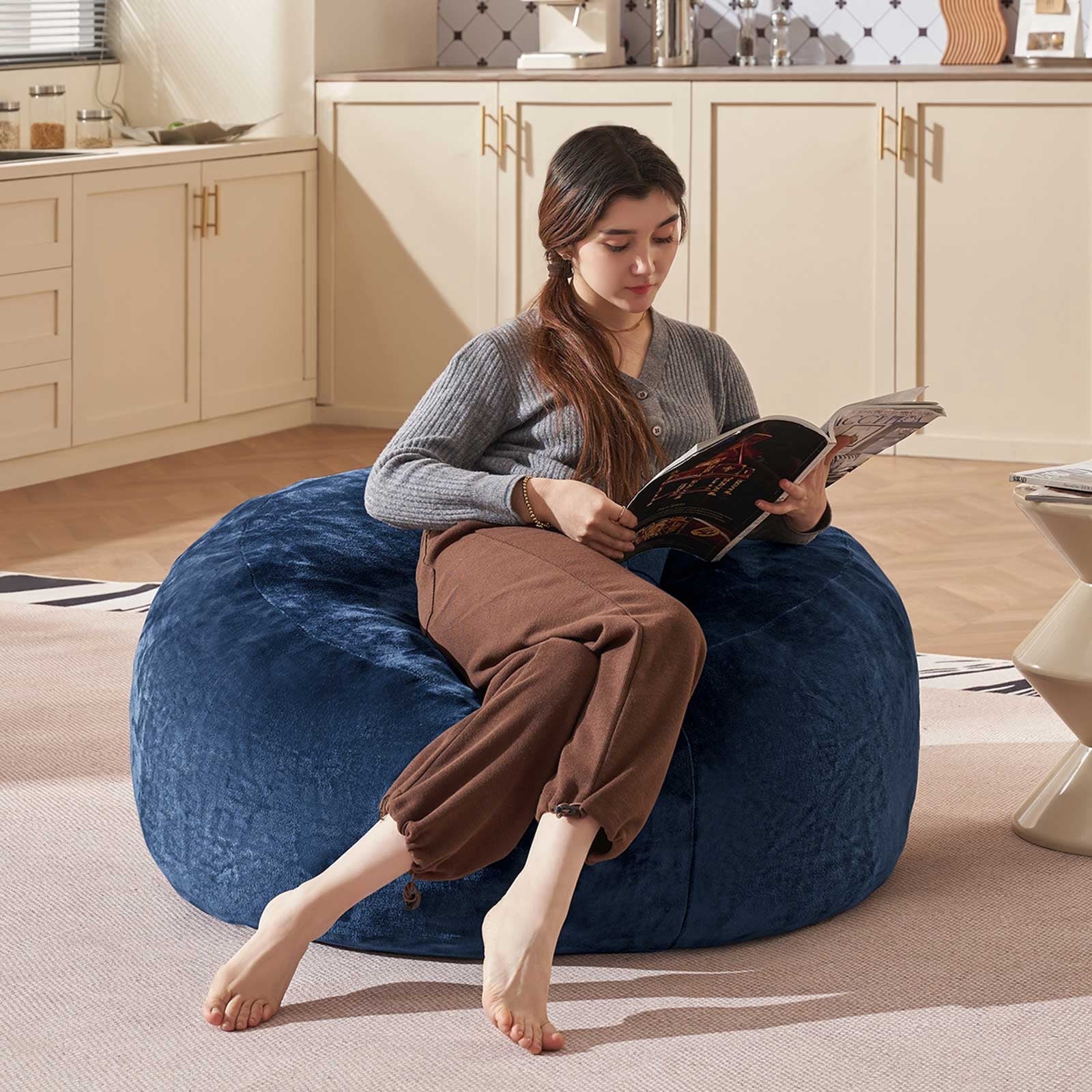 Bean Bag Chair 3FT,  Large Memory Foam Filled Chair for Adults and Teens, Soft Sofa with Removable Flannel Cover, Round Couch for Living Room Bedroom College Dorm