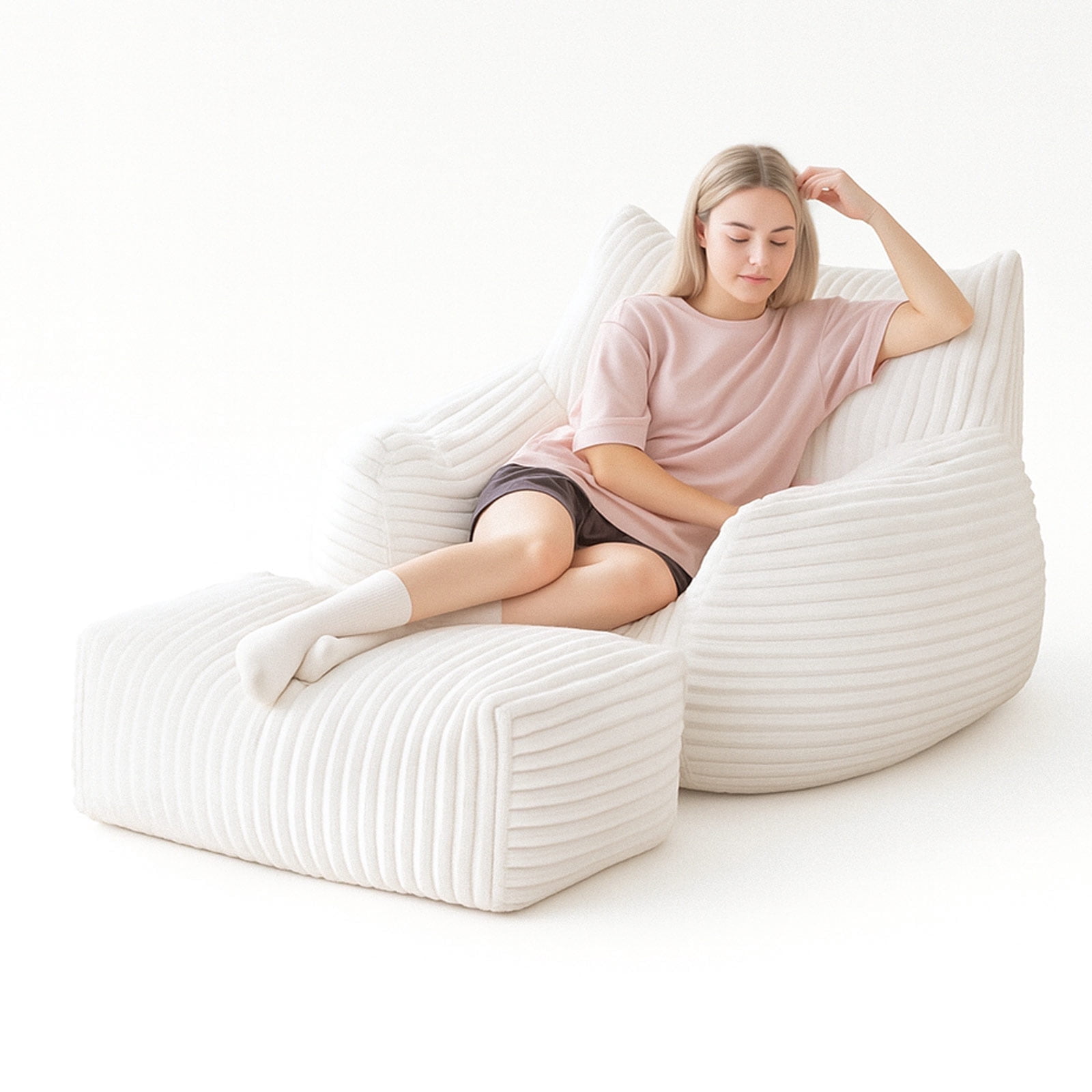 Bean Bag Chair with Ottoman,Big Bean Bag Chairs for Adults with Filling,Lazy Floor Chair with Back Support,Memory Foam Sofa Giant Beanbag Chair for Bedroom Livingroom