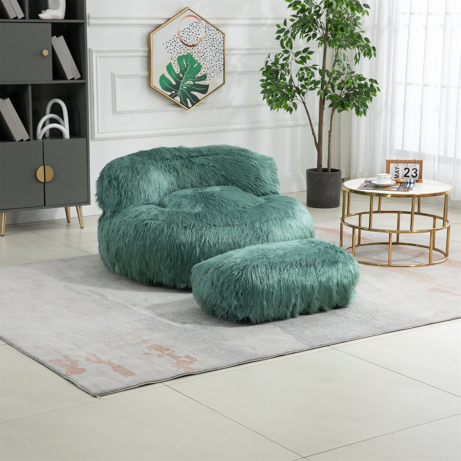 Bean Bag Chair with Ottoman Faux Fur Lazy Sofa Oversized Floor Accent