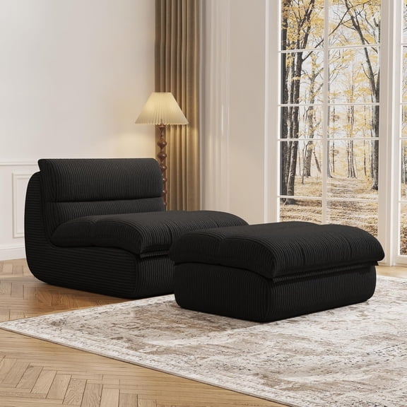 Bean Bag Chair with Ottoman, Teddy Velvet Floor Chair with Pillow, Cozy Lounge Accent Chair for Living Room Bedroom Reading Nook, Modern Bean Bag Sofa with Footrest(Black)