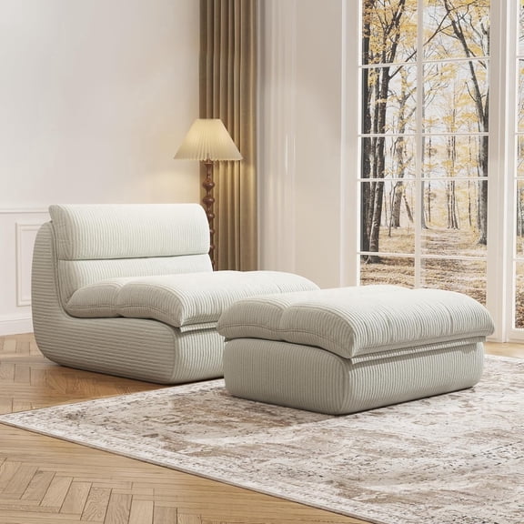Corduroy Lounge Chair with Ottoman, Modular Oversized Chaise Lounge, All-Foam Lazy Sofa with Ottoman, Comfy Accent Chair for Living Room, Bedroom, Reading Nook (White)