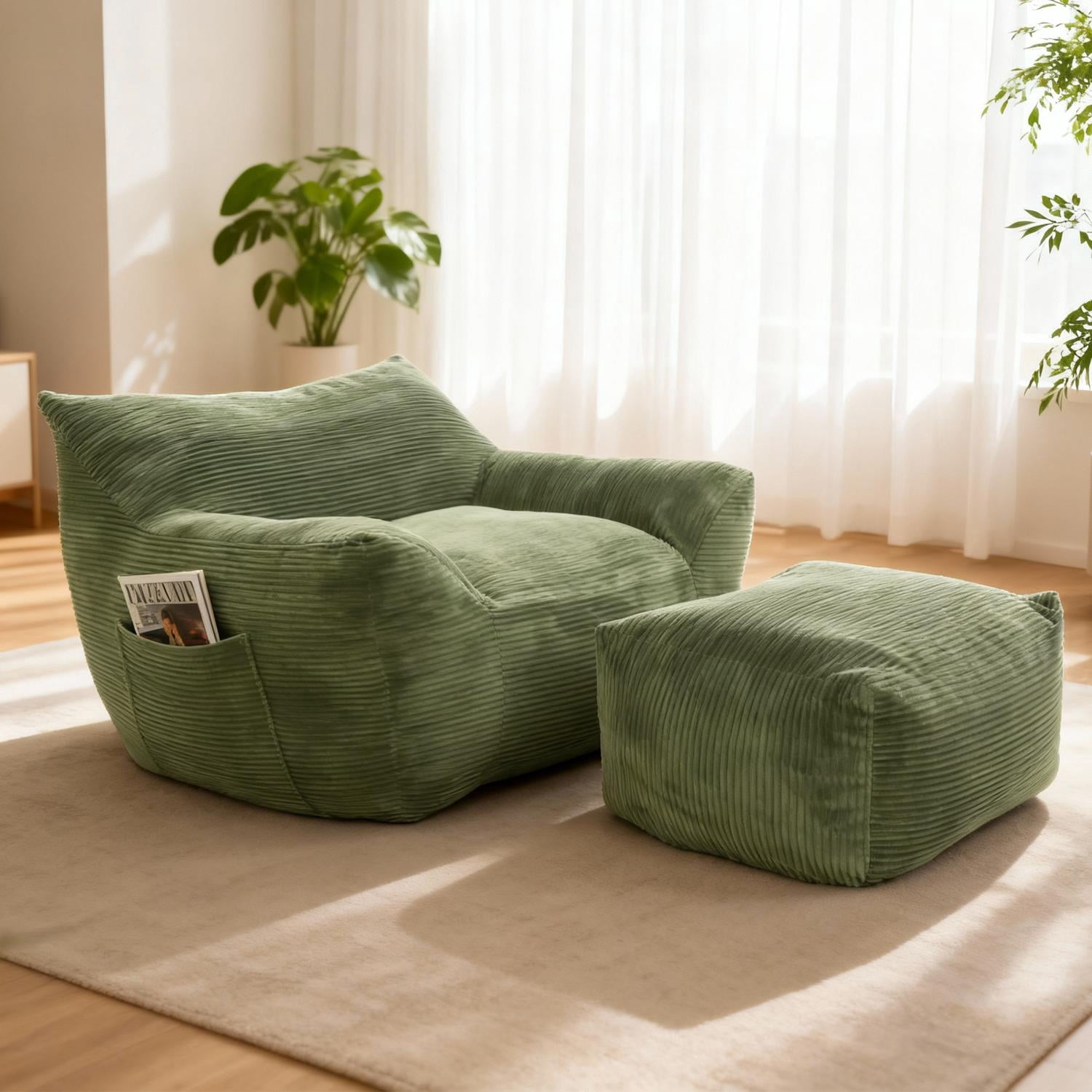 Bean Bag Chair, Oversized Beanbag, Lazy Sofa Chair with Corduroy Fabric and High-Resilience Shredded Foam, Includes Ottoman for Living Room, Bedroom, Dorm, 42 Inch Wide, Green