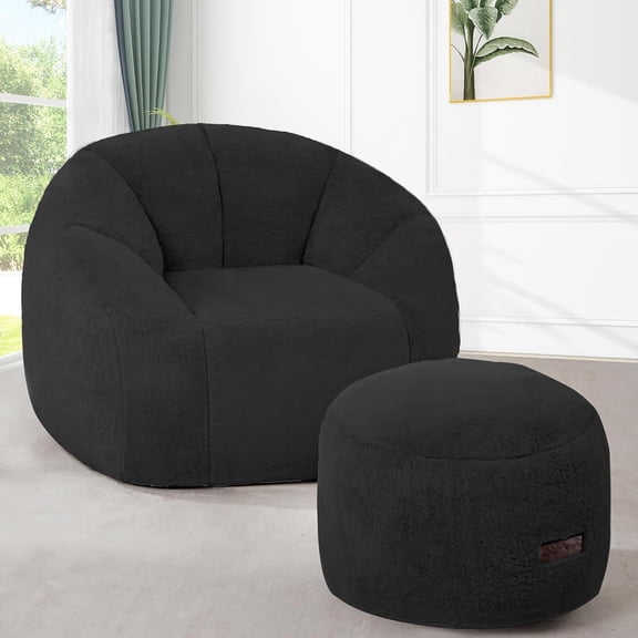 Bean Bag Chair, Oversized Shell-Shaped Bean Bag Couch with Ottoman, Giant Beanbag Chair for Adults and Kids, Comfy Bean Bag Sofa & Footstool, Large Floor Sofa for Living Room Bedroom, Black