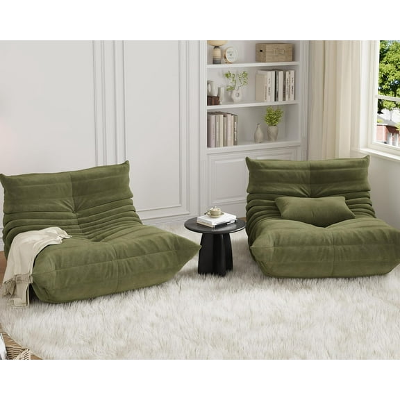 Bean Bag Chair Set of 2 for Adults – Memory Foam Filled, Soft Waterproof Suede-Like Fabric, Tufted Elegant Design for Living Room, Green