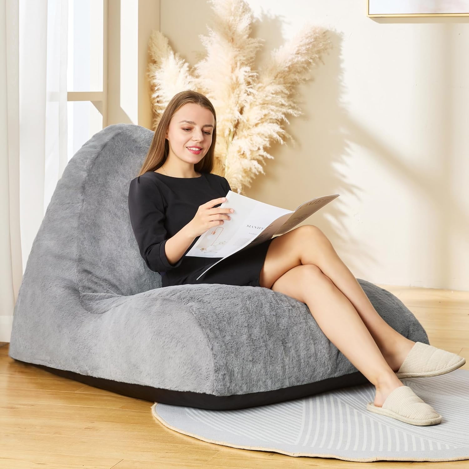 Bean Bag Chair Sofa Memory Foam Pre-Filled Bean Bag Chairs Stuffed Beanbag Sofa Lazy Bean Bag Sofa for Adults, Bean Bag Couch for Gaming, Reading & Relaxing(Faux Fur, Light Grey)