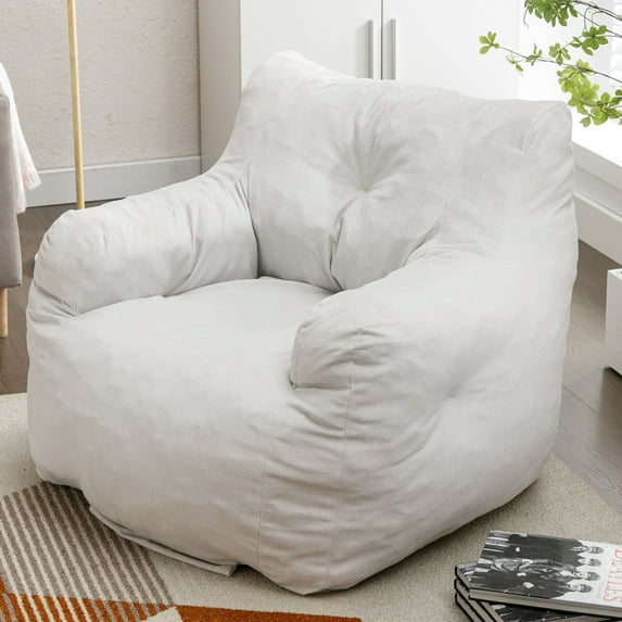 Bean Bag Chair, Soft Cotton Linen Fabric Lounge Chair for Adults Kids, Comfy Leisure Armchair with Button Tufted Decor for Bedroom, Living Room, Reading Nook, Ivory