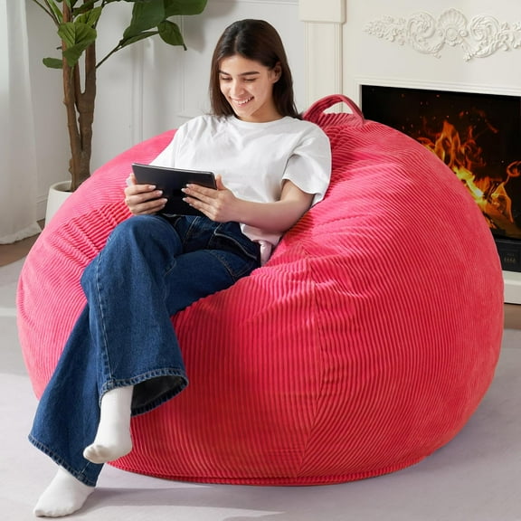 3.5FT Bean Bag Chair: Teardrop Bean Bags with Memory Foam Filled, Compact Beanbag Chairs Soft Sofa with Corduroy Cover (Pink)