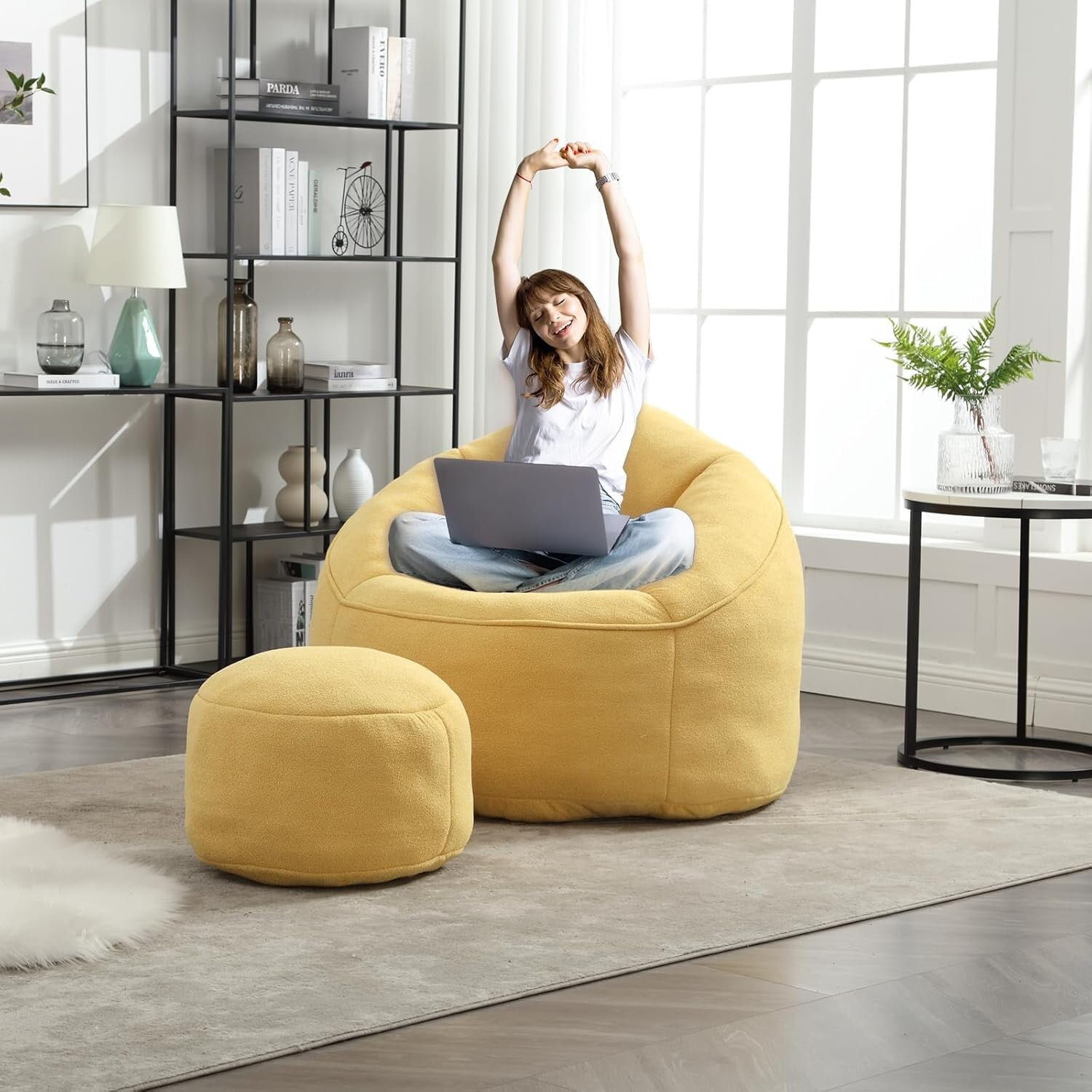 Bean Bag Chair for Adult,Microfiber Upholstered Sofa with Footstool Shell-Shaped Memory Foam Stuffed Lazy Sofa