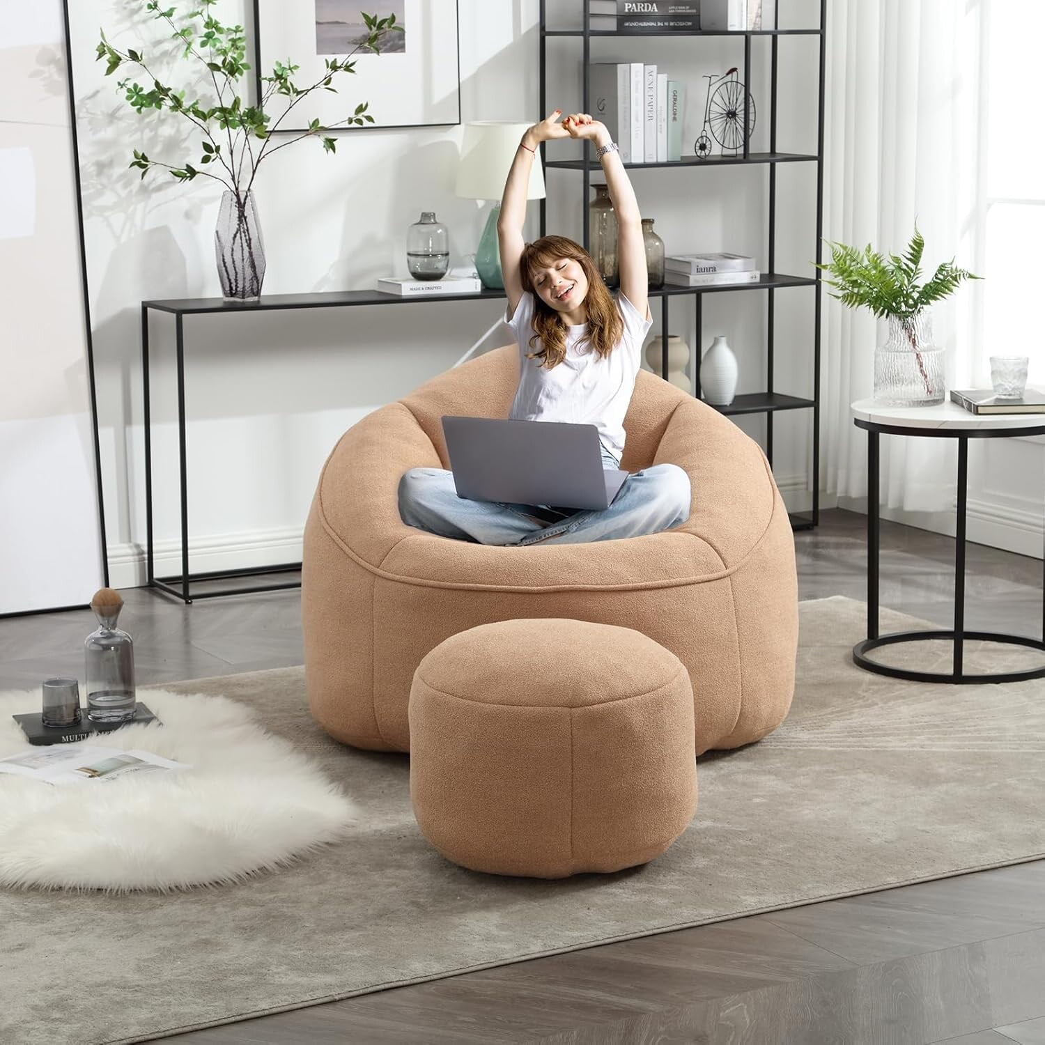 Bean Bag Chair for Adult,Microfiber Upholstered Sofa with Footstool Shell-Shaped Memory Foam Stuffed Lazy Sofa