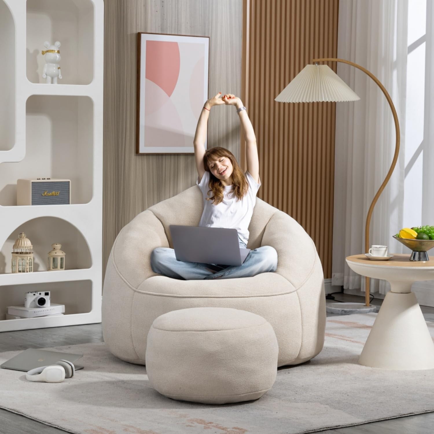 Bean Bag Chair for Adult,Microfiber Upholstered Sofa with Footstool Shell-Shaped Memory Foam Stuffed Lazy Sofa