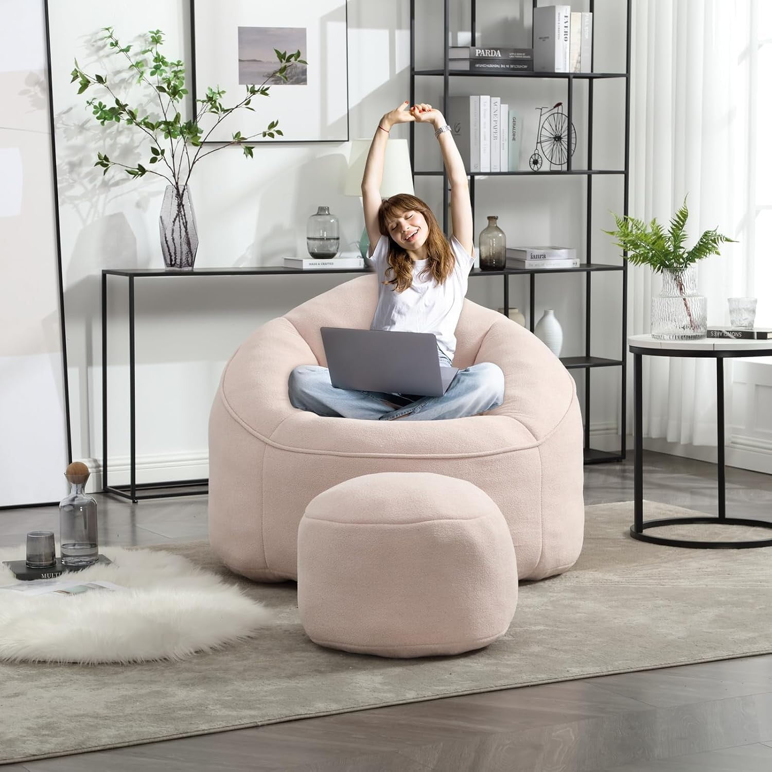 Bean Bag Chair for Adult,Microfiber Upholstered Sofa with Footstool Shell-Shaped Memory Foam Stuffed Lazy Sofa
