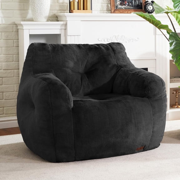 Bean Bag Chair for Adult Small Bean Bag Chairs with Furry Beanbag Chair with Filler Stuffed Bean Bag Sofa for Reading in Room and Dorms (Black)