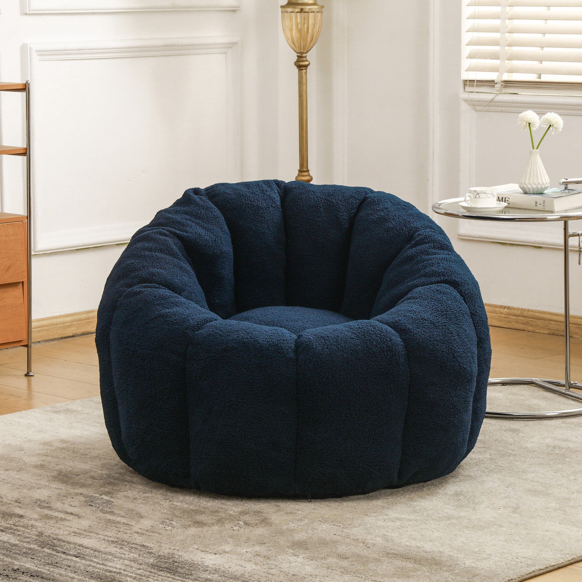 Bean Bag Chair for Adults, Faux Fur Memory Foam Bean Bag Sofa with Armrests, Fluffy Lazy Chair for Living Room Bedroom, Dark Blue