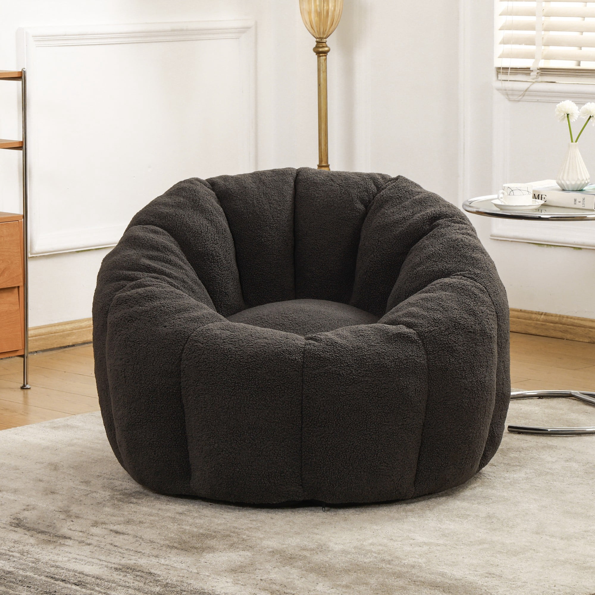 Bean Bag Chair for Adults, Faux Fur Memory Foam Bean Bag Sofa with Armrests, Fluffy Lazy Chair for Living Room Bedroom, Dark Gray