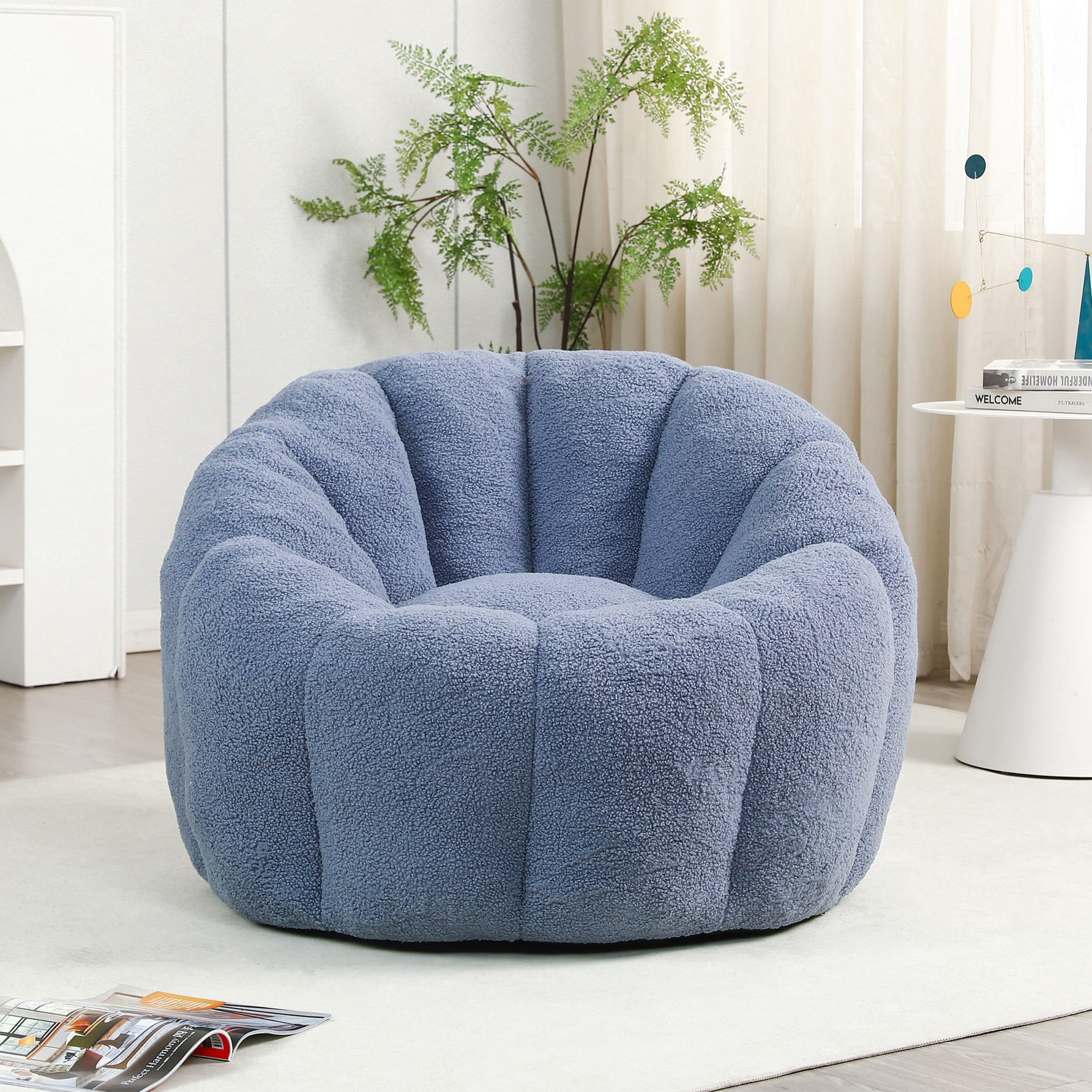 Bean Bag Chair for Adults, Faux Fur Memory Foam Bean Bag Sofa with Armrests, Fluffy Lazy Chair for Living Room Bedroom, Light Blue