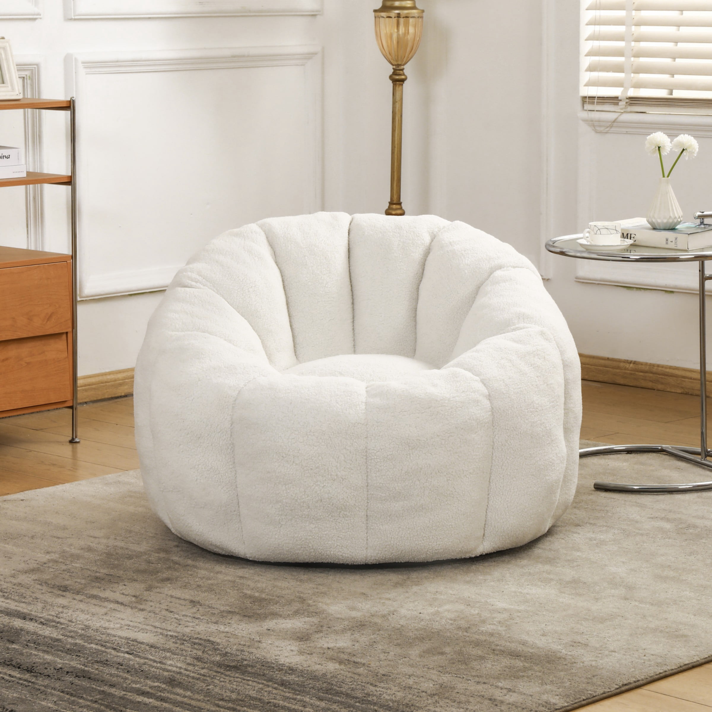Bean Bag Chair for Adults, Faux Fur Memory Foam Bean Bag Sofa with Armrests, Fluffy Lazy Chair for Living Room Bedroom, White