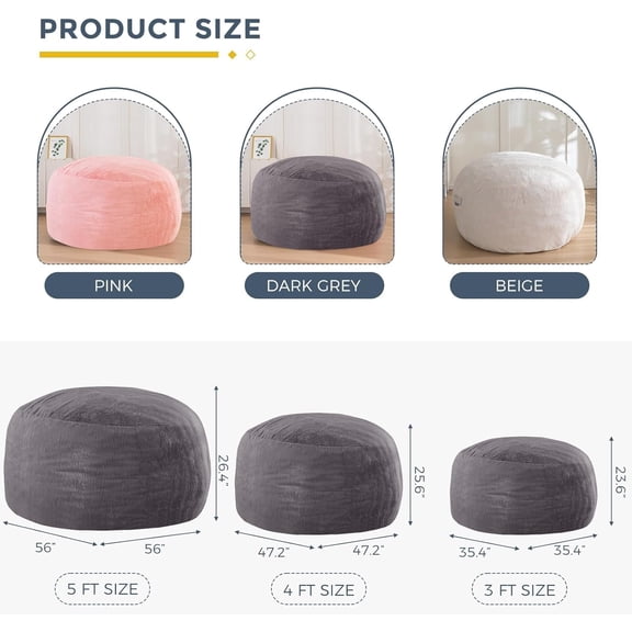 Bean Bag Chair for Adults, Large 3 ft Bean Bag Chair with Foam Filling, Ultra Soft Fur Lazy Sofa for Living Room Bedroom, Machine Washable Cover