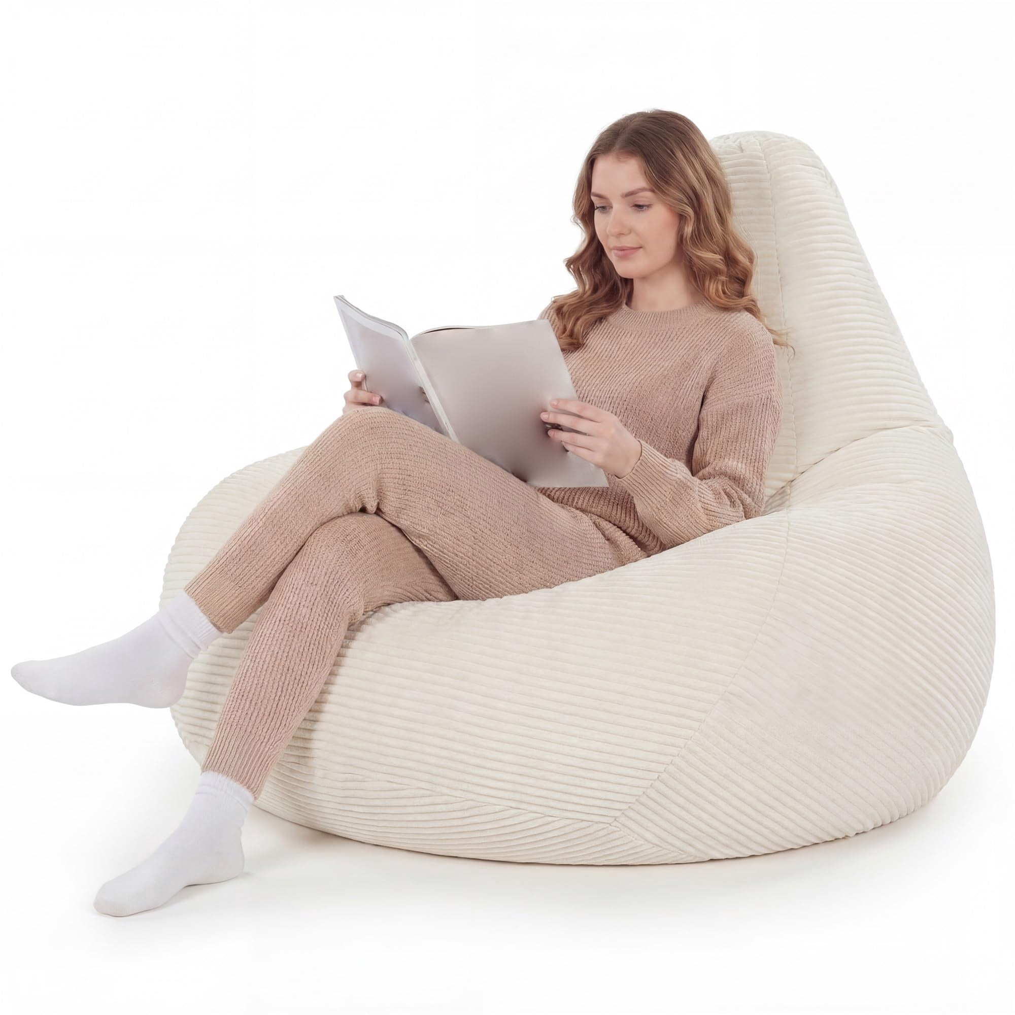Corduroy Bean Bag Chair for Adults, Comfy Sponge Filling Lazy Sofa for , Soft Lounger for Living Room, Bedroom, Beige
