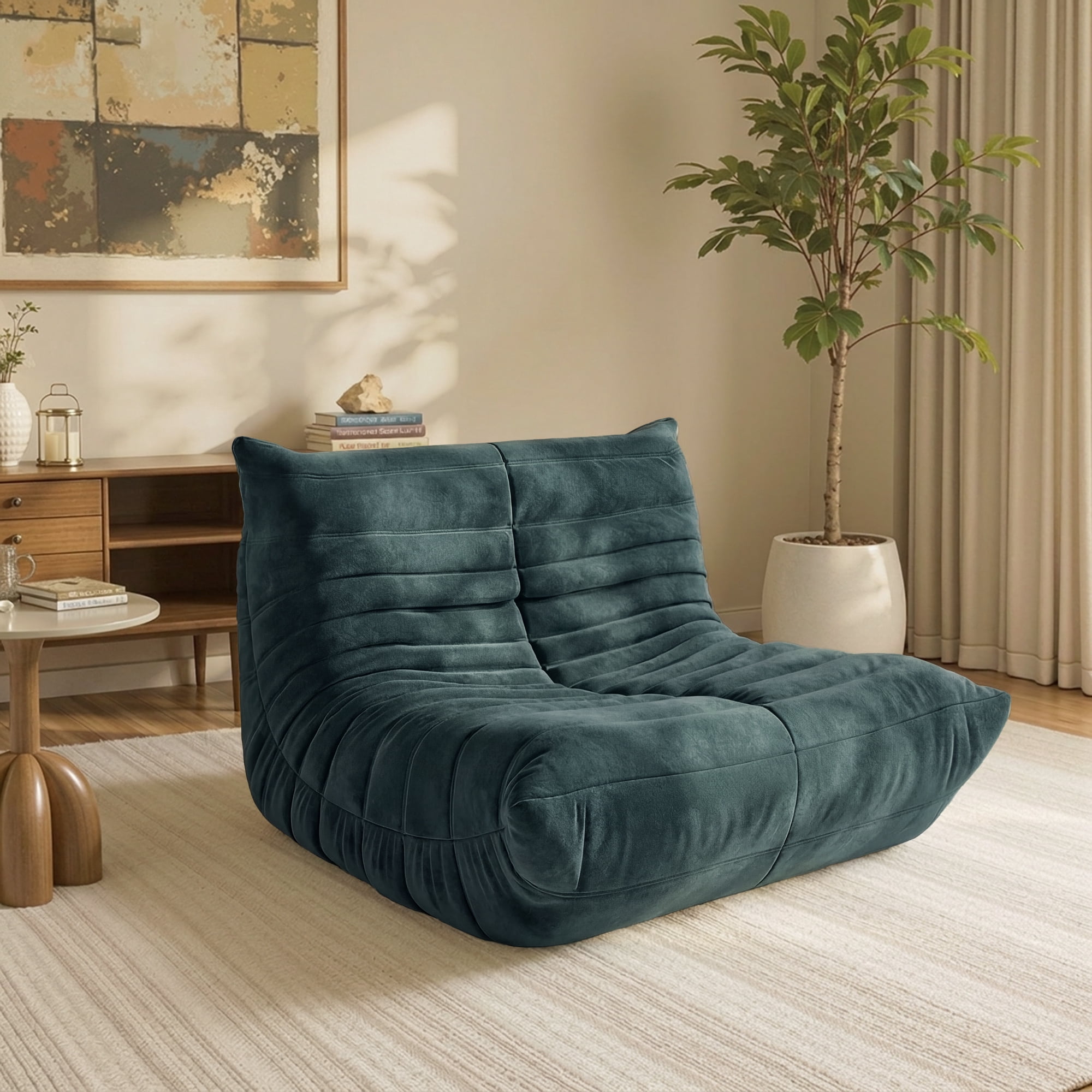 LineCrispton Memory Foam Bean Bag Chair for Adults, Luxury Fabric Compressed Sofa in a Box, Dark Green, Single