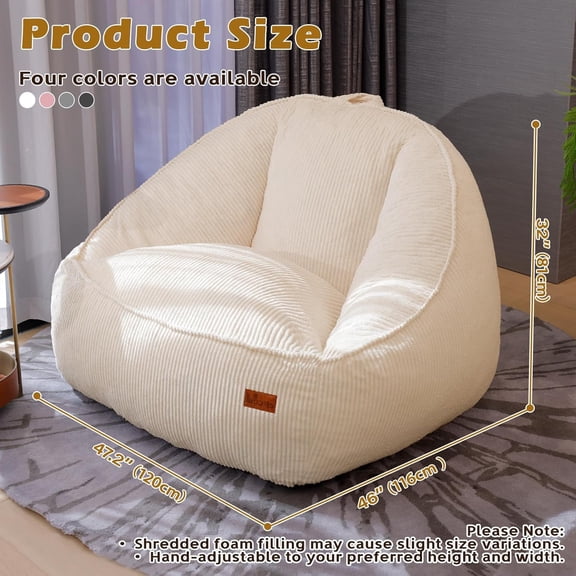 Bean Bag Chair for Adults Teens Kids Cozy Fluffy Corduroy with Filler Large Floor Lounge Sofa Living Room Bedroom Dorm Gaming Beige