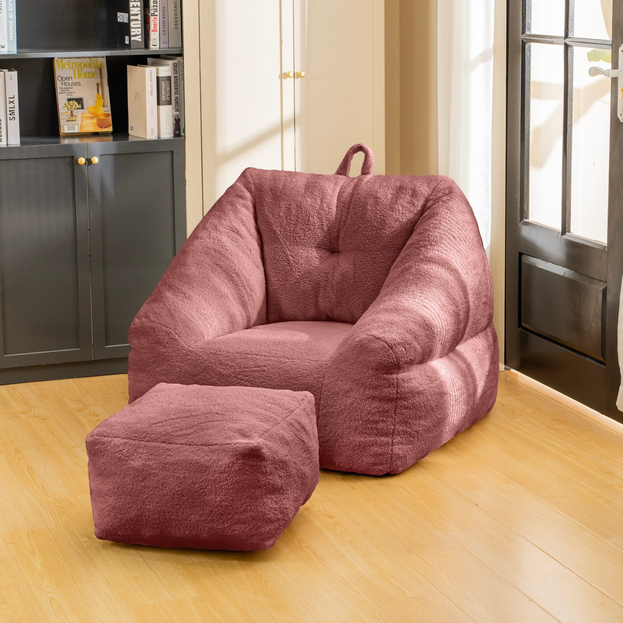 Bean Bag Chair for Adults Upholstered Floor Sofa with Footstool Large Lazy Sofa Plush Chair Bean Bag Couch for Bedroom Living Room Red