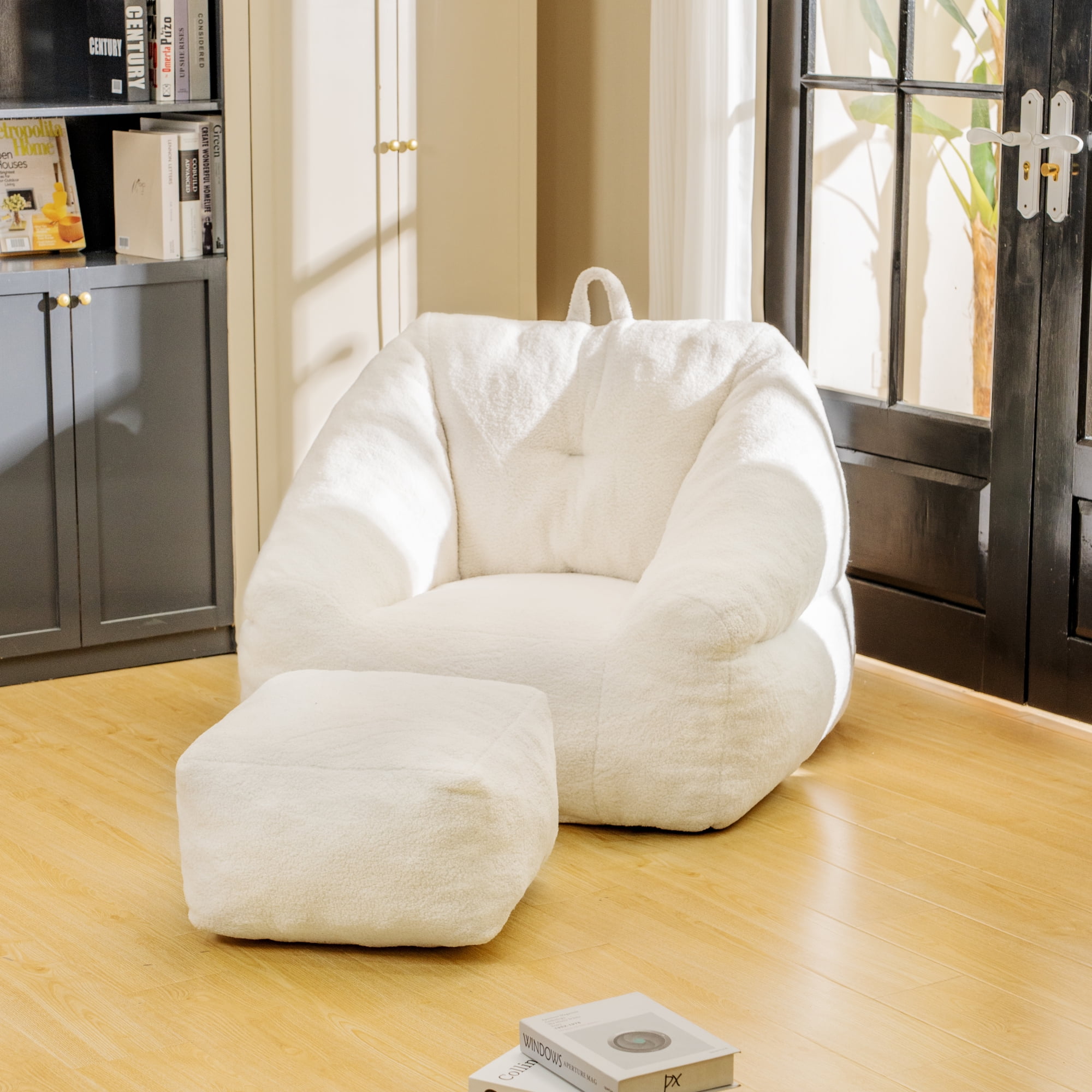 Bean Bag Chair for Adults Upholstered Floor Sofa with Footstool Large Lazy Sofa Plush Chair Bean Bag Couch for Bedroom Living Room White