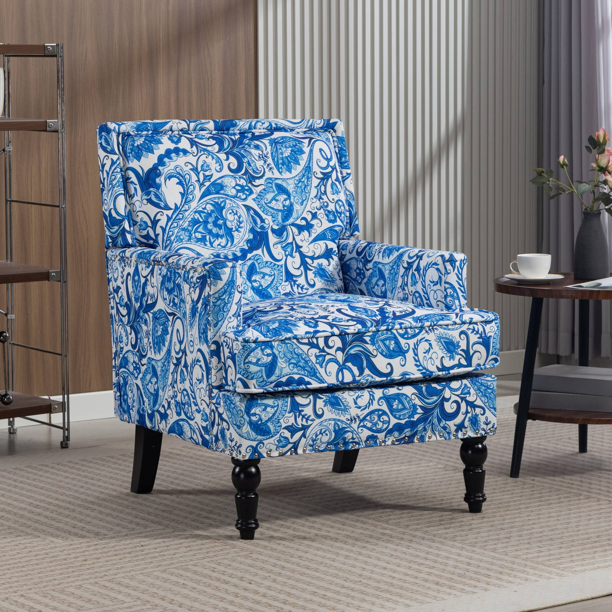 Mid Century Accent Chair Comfy Armchair with Wooden Legs & Nailhead Trim, Blue and White Striped Vintage Arm Chair, Blue and White