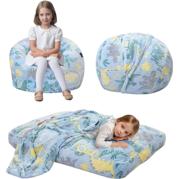 Bean Bag Chair for Kids Convertible Floor Bed Unicorn or Dinosaur Design Blue 29.5 In D x 29.5 In W x 18.5 In H