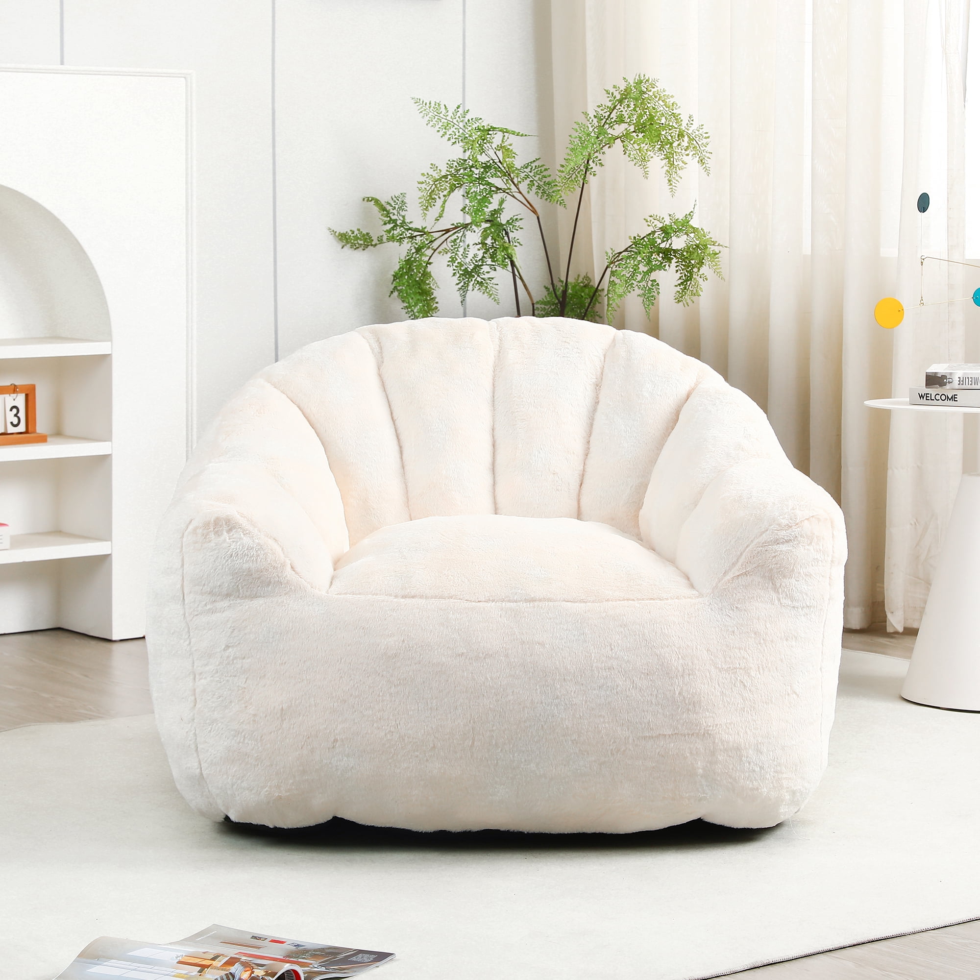 Bean Bag Chair with Armrests, Stuffed High-Density Foam, Lazy Sofa for Adults, Living Room, Bedroom, Reading, White Faux Fur