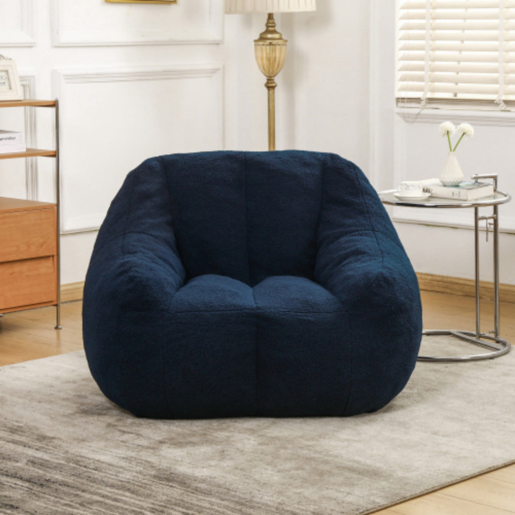 Bean Bag Chair with Filler, Teddy Faux Fur Bean Bag Sofa with Memory Foam for Dorm Living Room Bedroom, Dark Blue